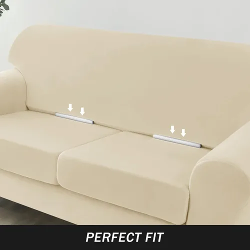 Vista 5 de Funda elástica para sofá, funda de terciopelo ultra suave, protector de muebles para mascotas y niños (beige, pequeño)