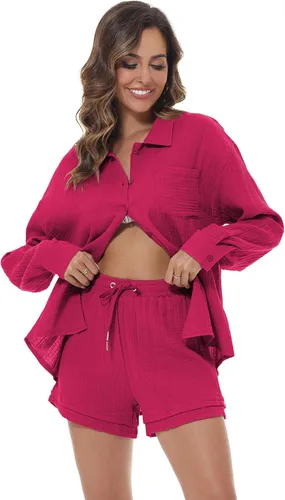 Vista 3 de ELLENWELL Conjunto de 2 piezas para mujer, chándal de manga larga con botones y pantalones cortos