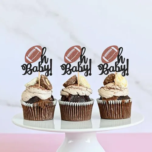 Vista 3 de Ercadio Paquete de 24 adornos para cupcakes de fútbol americano Oh Baby - Púas de rugby con purpurina negra para temática deportiva, baby shower