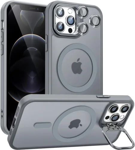 Vista 8 de Funda magnética para iPhone 11 con soporte, compatible con Magsafe, protección militar y protector de lente de cámara, funda translúcida mate