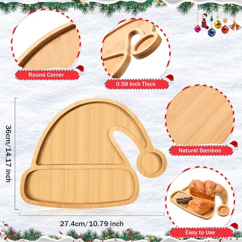 Vista 2 de AWIZOM Bandeja de madera para servir con sombrero de Navidad, plato de bambú con forma de sombrero de Papá Noel, tablero de madera para aperitivos