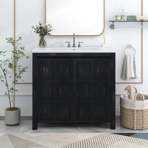 Vista 38 de Tocador de baño multifuncional de 30 pulgadas con lavabo individual, armario combinado de montaje inferior, marco de gabinete de baño de madera