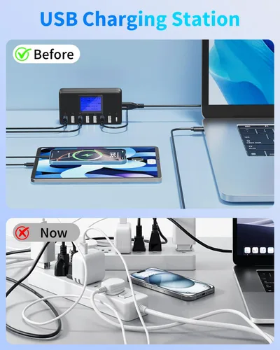 Vista 6 de Estación de carga USB de 60 W, 12 A, 8 puertos, cargador concentrador USB multipuerto, pantalla LCD de tamaño compacto, compatible con iPhone, iPad