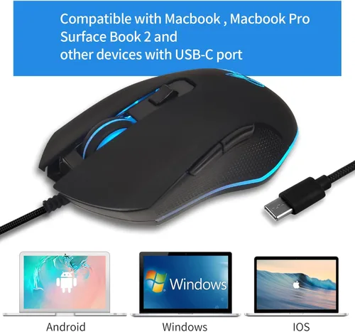 Vista 2 de IULONEE Ratón óptico con cable USB tipo C, silencioso para computadora, mouse óptico para juegos, ergonómico, 7 retroiluminación LED, 2400 DPI, 6
