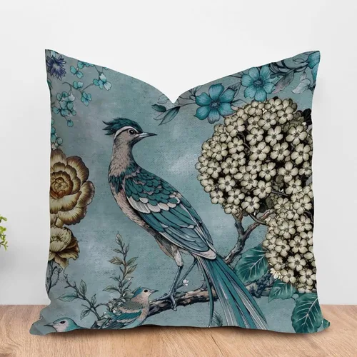 Vista 28 de ArogGeld Funda de cojín con flores verdes y blancas con flores grises y negras y hojas verdes en estilo chinoiserie, funda de almohada cuadrada