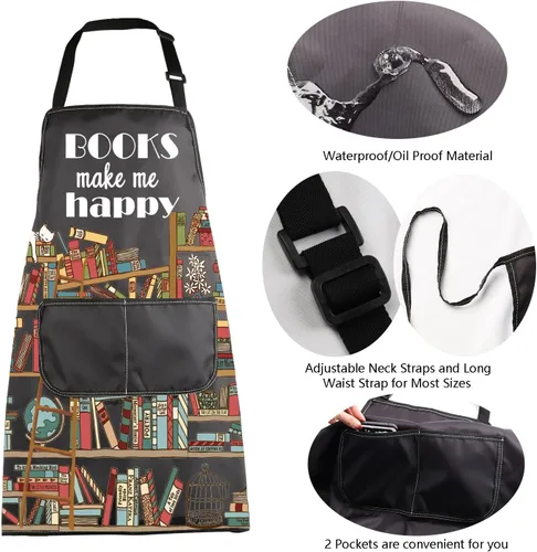 Vista 5 de MBMSO Delantal de libro con bolsillos, delantal de ratón de biblioteca, regalo para amantes de los libros, libros de regalo para lector de libros