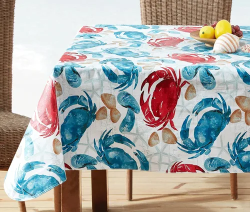 Vista 7 de Newbridge Mantel de vinilo con estampado costero de cangrejo de piedra, diseño náutico Cape Cod impermeable, patio, barbacoa, picnic, mantel