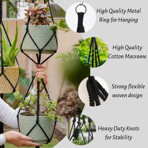 Vista 8 de Feedee Ganchos de macramé para plantas, paquete de 6, color negro, interior/exterior, algodón