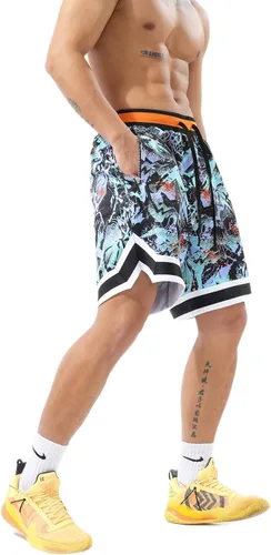 Vista 3 de Pantalones cortos de baloncesto para hombre, grandes y altos, con bolsillos con cremallera, cordones y cordones para entrenamiento atlético