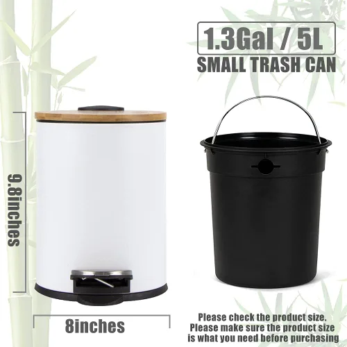 Vista 3 de SIDIANBAN Cubo de basura pequeño para baño con tapa de bambú, cierre suave y pedal de pie, cubo de basura redondo de 1.3 gales/5 litros con papelera