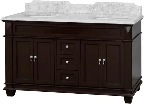 Vista 5 de Kitchen Bath Collection Elizabeth - Tocador de baño doble de 60 pulgadas (Carrara/Chocolate): incluye gabinete de chocolate con encimera de mármol