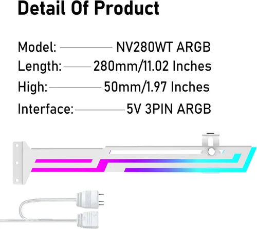 Vista 6 de Soporte de GPU RGB, soporte de soporte de GPU, soporte de GPU direccionable de 5V 3Pin, ARGB integrado, longitud y altura ajustables (blanco)