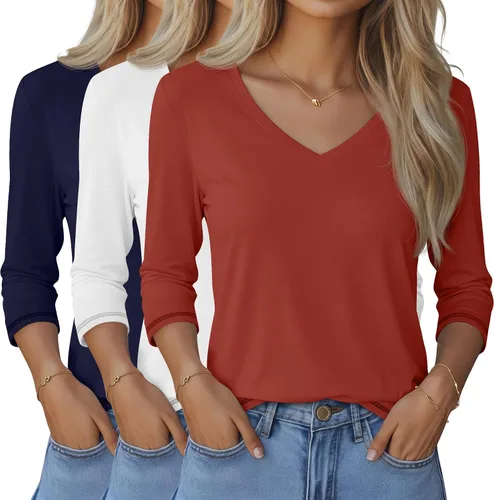 Vista 19 de Ficerd Paquete de 3 camisetas de manga 3/4 para mujer, cuello en V, blusas holgadas, blusas casuales, ropa de moda 2026