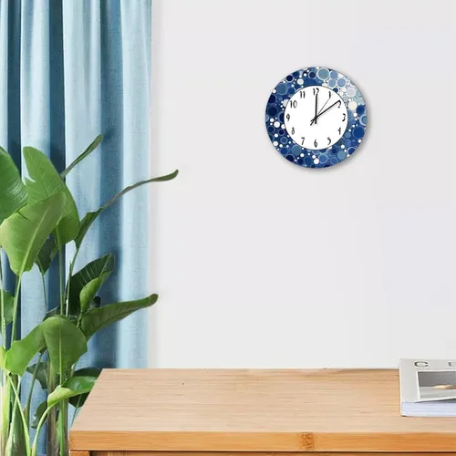 Vista 3 de Reloj de pared de madera rústica con estampado geométrico moderno de lunares, color azul marino, retro, silencioso, sin tictac, decorativo