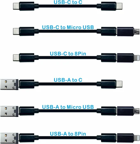 Vista 4 de Cable USB tipo C a C de carga y transferencia de datos con 3 adaptadores combinados en caja de tubo, negro translúcido