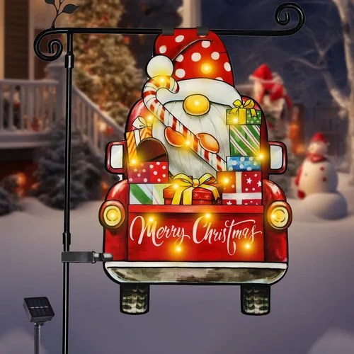 Vista 9 de Bandera de jardín de Navidad iluminada de 12 x 18 pulgadas, 8 modos de doble cara, decoración solar de Navidad LED para exteriores, decoraciones