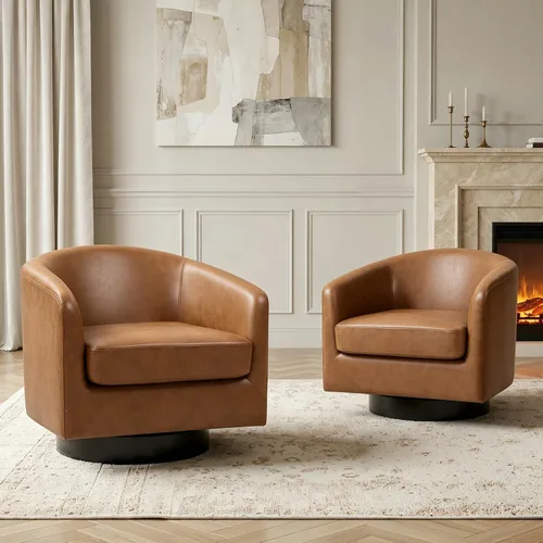 Vista 25 de Silla Giratoria de Acento de Cuero Sintético con Base de Madera, Sillas de Barril Tapizadas Modernas para Sala de Estar, Cómodo Sillón Redondo Sofá