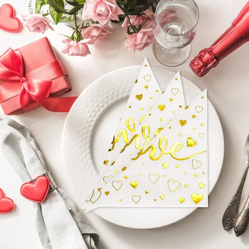 Vista 6 de Whaline Paquete de 80 servilletas desechables para el día de San Valentín, servilletas desechables doradas con estampado de corazón de amor