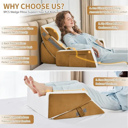 Vista 6 de Juego de 9 almohadas de cuña para recuperación después de la cirugía, almohada de cuello de espuma viscoelástica ajustable, almohada de espuma