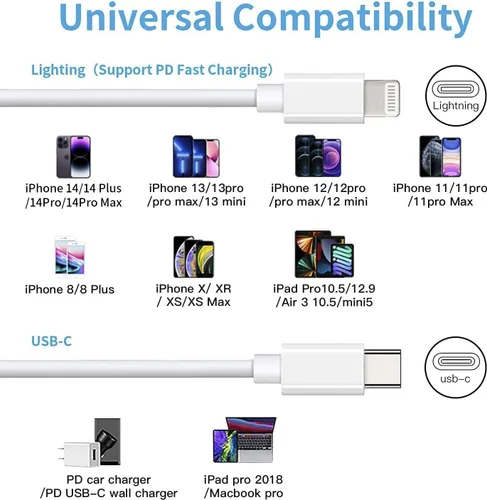Vista 6 de Mitesbony - Cable USB C a Lightning [certificado MFi] Paquete de 3 cables de carga para iPhone de 1.8 m, entrega de energía tipo C, cable de carga