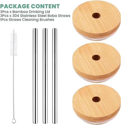 Vista 6 de Paquete de 3 tapas de bambú de boca regular con agujero para popote y popote compatible con tarro Mason, tapas de madera para tarros de boca regular