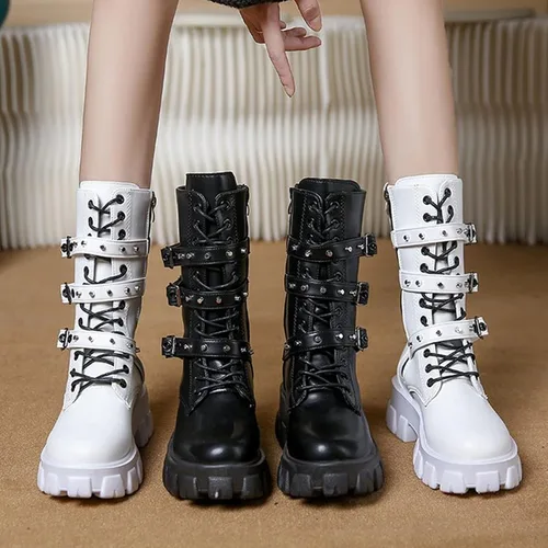Vista 4 de Botas de media pantorrilla para mujer, ligeras, a la moda, con múltiples hebillas, con cordones, antideslizantes, altura de motocicleta