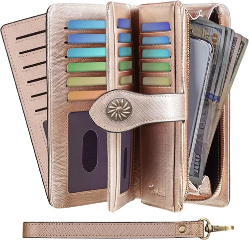 Vista 2 de Travelambo Billetera para mujer de gran capacidad con bloqueo RFID de cuero genuino