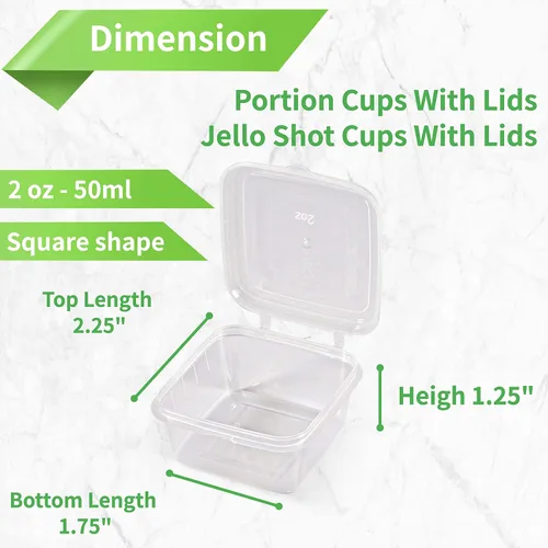Vista 4 de Recipientes de 3.4 fl oz y 2 onzas con tapas (paquete de 200), pequeños recipientes de plástico para condimentos con tapas, vasos de gelatina, tazas