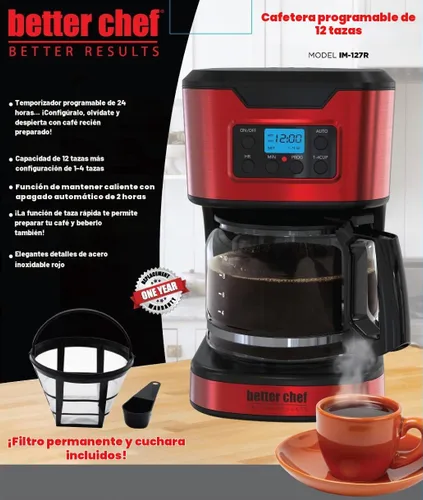 Vista 2 de Better Chef Cafetera programable de 12 tazas Ajuste de 1-4 tazas Pausa automática para servir 2 horas para mantener el calor Filtro Rojo