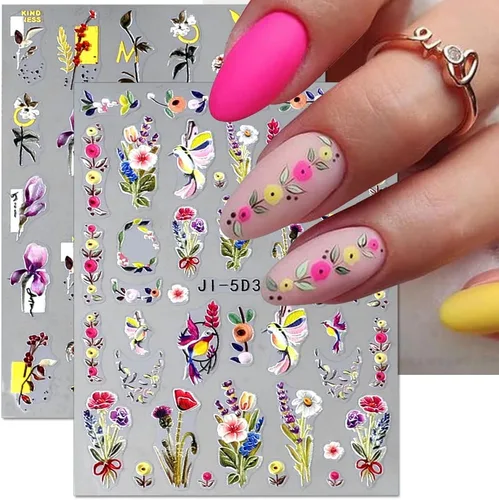 Vista 5 de Calcomanías de uñas bronceadas en relieve 5D, 3 hojas de flores de primavera, hierba, pájaro, calcomanías de arte de uñas, accesorios de uñas