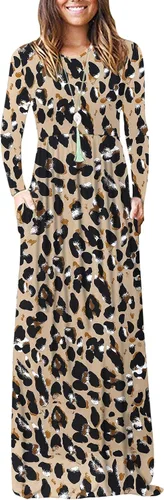 Vista 20 de Vestido de manga larga para mujer, holgado, liso, largo, estilo informal, con bolsillos. 01-verde militar