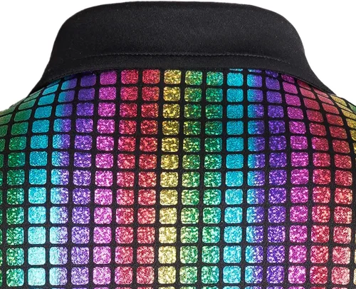 Vista 7 de Camisa de discoteca de los años 70 con lentejuelas de manga corta con botones, brillante disfraz de fiesta de graduación