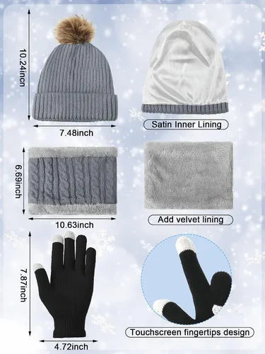 Vista 3 de Eurzom Juego de 12 gorros y bufandas para mujer, gorro para clima frío, forro interior de satén, forro polar, guantes de punto para mujeres y niñas