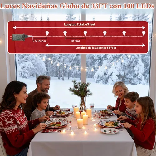 Vista 8 de Luces de Navidad de 33 pies para interiores, 100 luces LED para interiores, cadena de luces de globo para dormitorio, 8 modos con control remoto