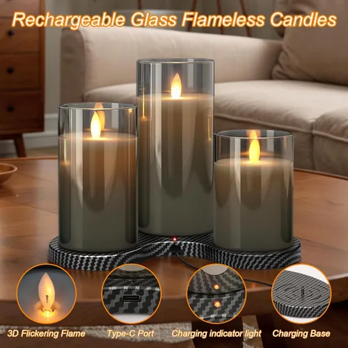 Vista 3 de GenSwin - Velas recargables con estación de carga, velas de cristal sin llama con control remoto, velas LED de pila parpadeantes que funcionan