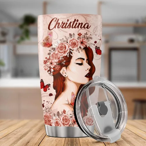 Vista 3 de Vaso de café personalizado, taza de viaje floral de cabeza roja con tapa, nombre personalizado, regalos de cumpleaños para mujeres, amigos, mamá