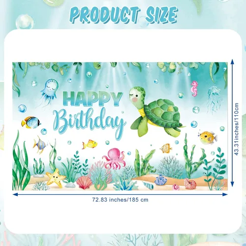 Vista 3 de Preboun Pancarta de fondo de cumpleaños de tortuga oceánica, decoración de fondo de fotos de animales marinos del océano para fiesta de cumpleaños