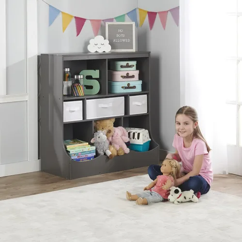 Vista 6 de Badger Basket Combo Bin Unidad de almacenamiento de juguetes y estante para libros para niños con 3 cestas - Gris oscuro