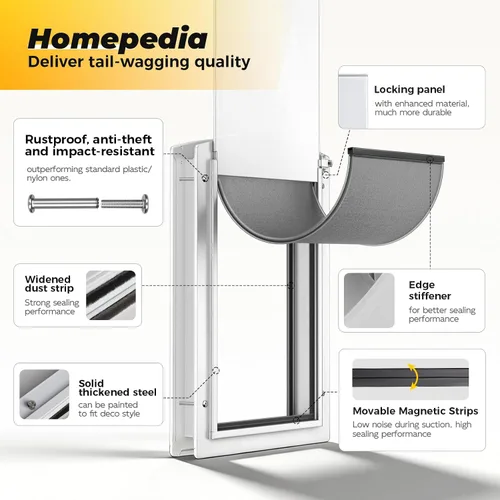 Vista 6 de Puerta de perro mediana para puerta, puerta de perro de metal con panel de bloqueo, puertas para perros medianos con solapa magnética, diseño