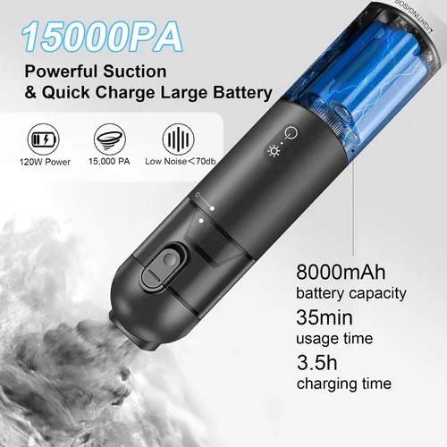 Vista 5 de Aspiradora de mano inalámbrica para automóvil, aspiradora portátil de 15000 PA con luz LED y filtro HEPA, soplado y succión 2 en 1 pequeño limpiador