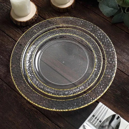 Vista 13 de Efavormart - Paquete de 10 platos de postre de plástico martillado de oro rosa rubor de 7.5 pulgadas con borde dorado, platos redondos desechables