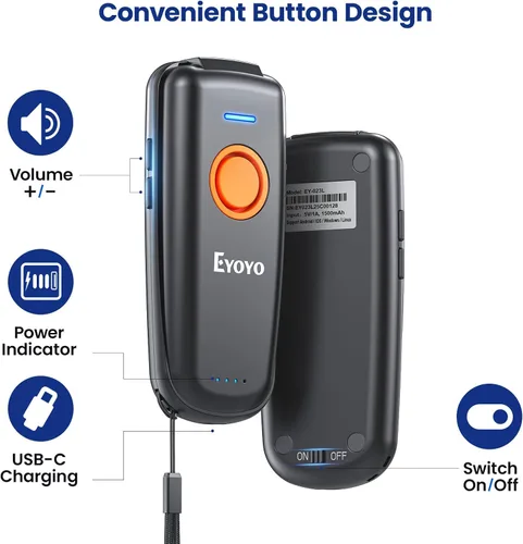 Vista 2 de Eyoyo Mini escáner de código de barras Bluetooth: escaneo 1D rápido y preciso, escáner de código de barras inalámbrico y USB con cable