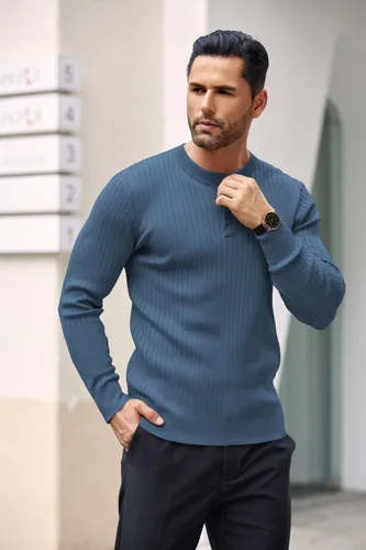 Vista 9 de COOFANDY Suéter de punto Henley para hombre, manga larga, con botones, ligero, para otoño, ajustado, acanalado