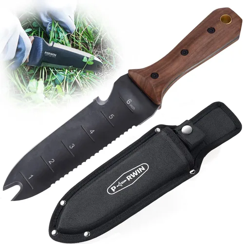 Vista 9 de PERWIN Hori Hori - Cuchillo de jardín, herramientas de jardín con funda, hoja de acero inoxidable de 6 pulgadas con borde de corte, mango ergonómico