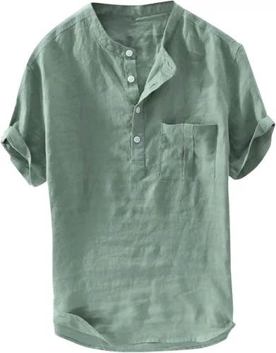 Vista 13 de Camisas de lino para hombre, de manga corta, con botones, estilo Henley, ligeras, sin cuello, hippie, playa, ropa