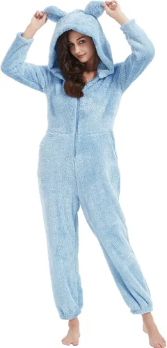 Vista 5 de COZYPOIN Pijama con capucha de forro polar para mujer, con cremallera, ropa de dormir con orejas
