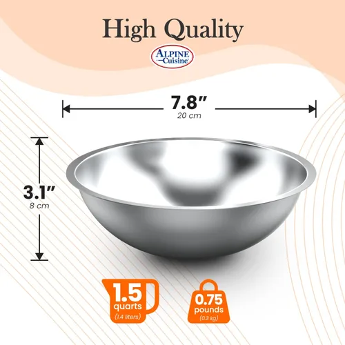 Vista 9 de Alpine Cuisine Cuenco de cocina de acero inoxidable de 1.5 cuartos de galón para preparar comidas de cocina, cocinar y hornear.