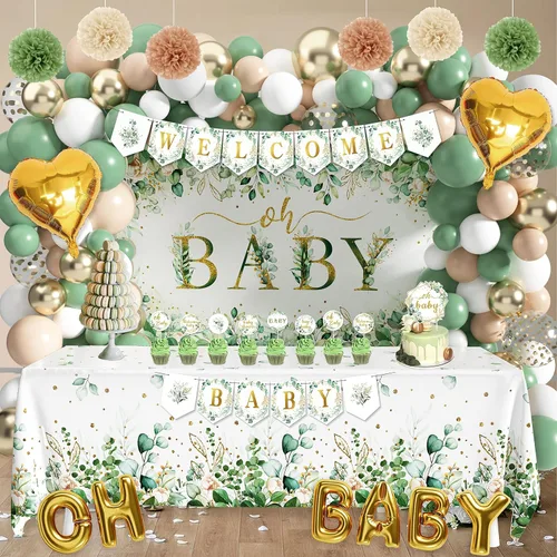 Vista 6 de Decoración de baby shower verde salvia para niñas y niños, 99 piezas, suministros de fiesta neutros con mantel de telón de fondo Oh Baby, kit