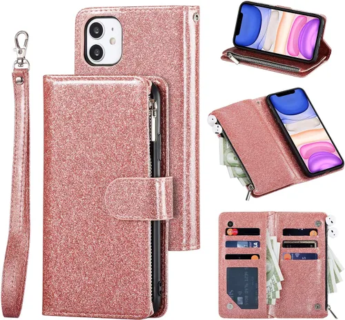 Vista 10 de UEEBAI Funda tipo cartera para iPhone 11 de 6.1 pulgadas, piel sintética con purpurina, cierre magnético, bolsillo con cremallera, ranuras