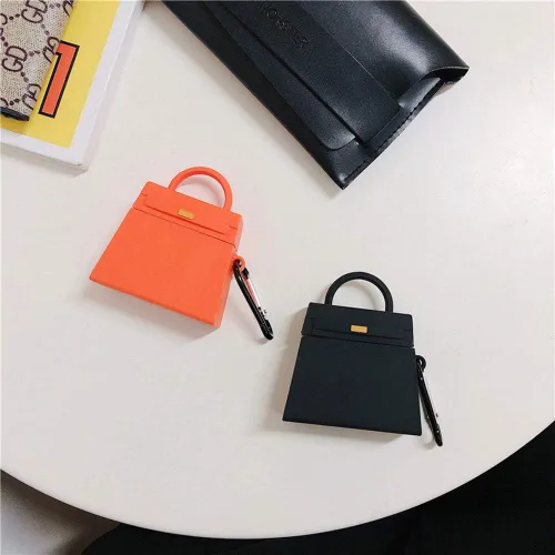 Vista 8 de Compatible con auriculares Airpods 1 y 2, diseño de bolsa de mano de moda, protector de auriculares inalámbricos, silicona suave, accesorios a Negro